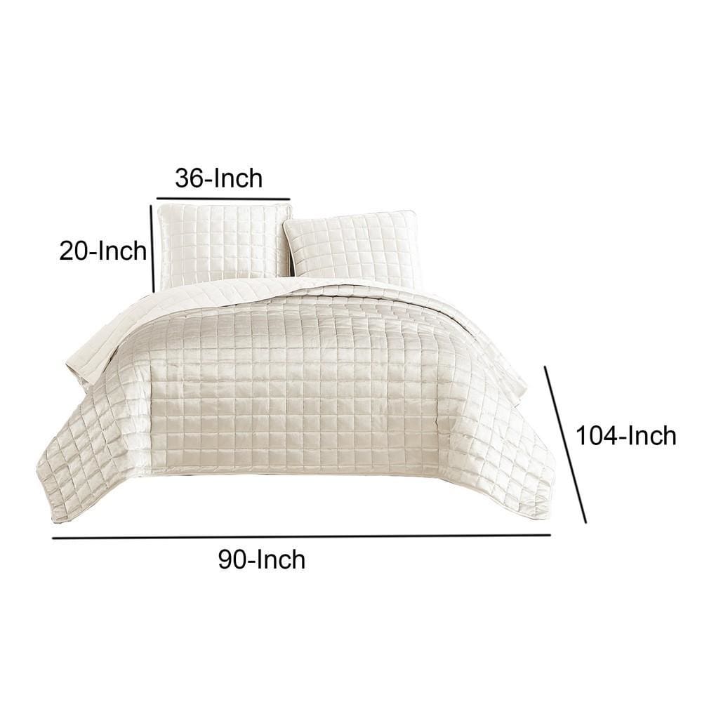 3 Piece King Size Coverlet Set with Stitched Square Pattern Cream By Casagear Home BM225233