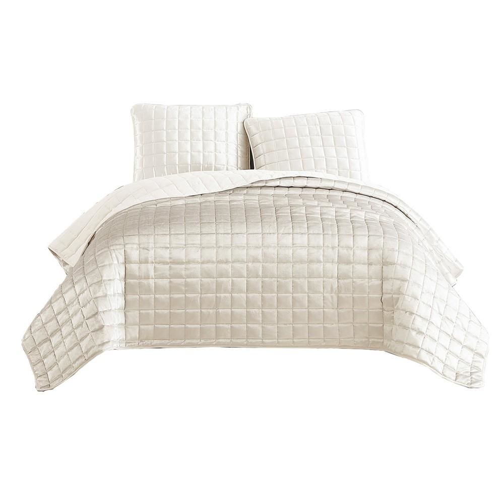 3 Piece Queen Size Coverlet Set with Stitched Square Pattern, Cream By Casagear Home