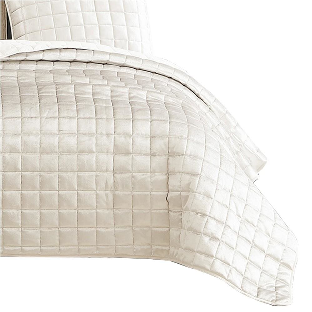 3 Piece Queen Size Coverlet Set with Stitched Square Pattern Cream By Casagear Home BM225234