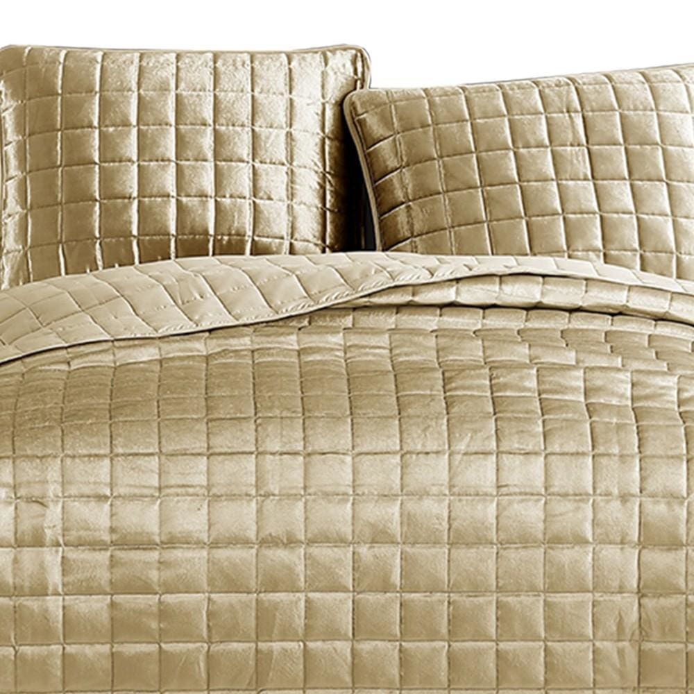 3 Piece King Size Coverlet Set with Stitched Square Pattern Gold By Casagear Home BM225235