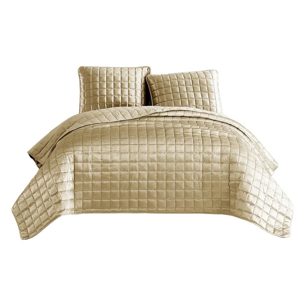 3 Piece Queen Size Coverlet Set with Stitched Square Pattern, Gold By Casagear Home