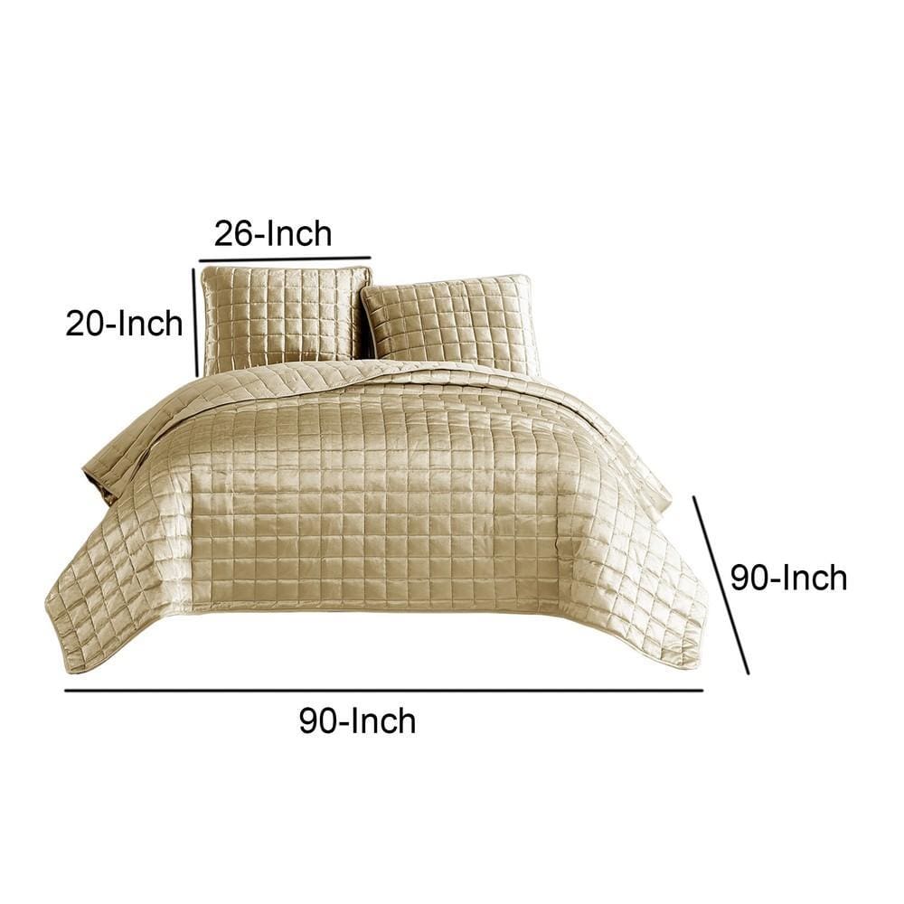 3 Piece Queen Size Coverlet Set with Stitched Square Pattern Gold By Casagear Home BM225236