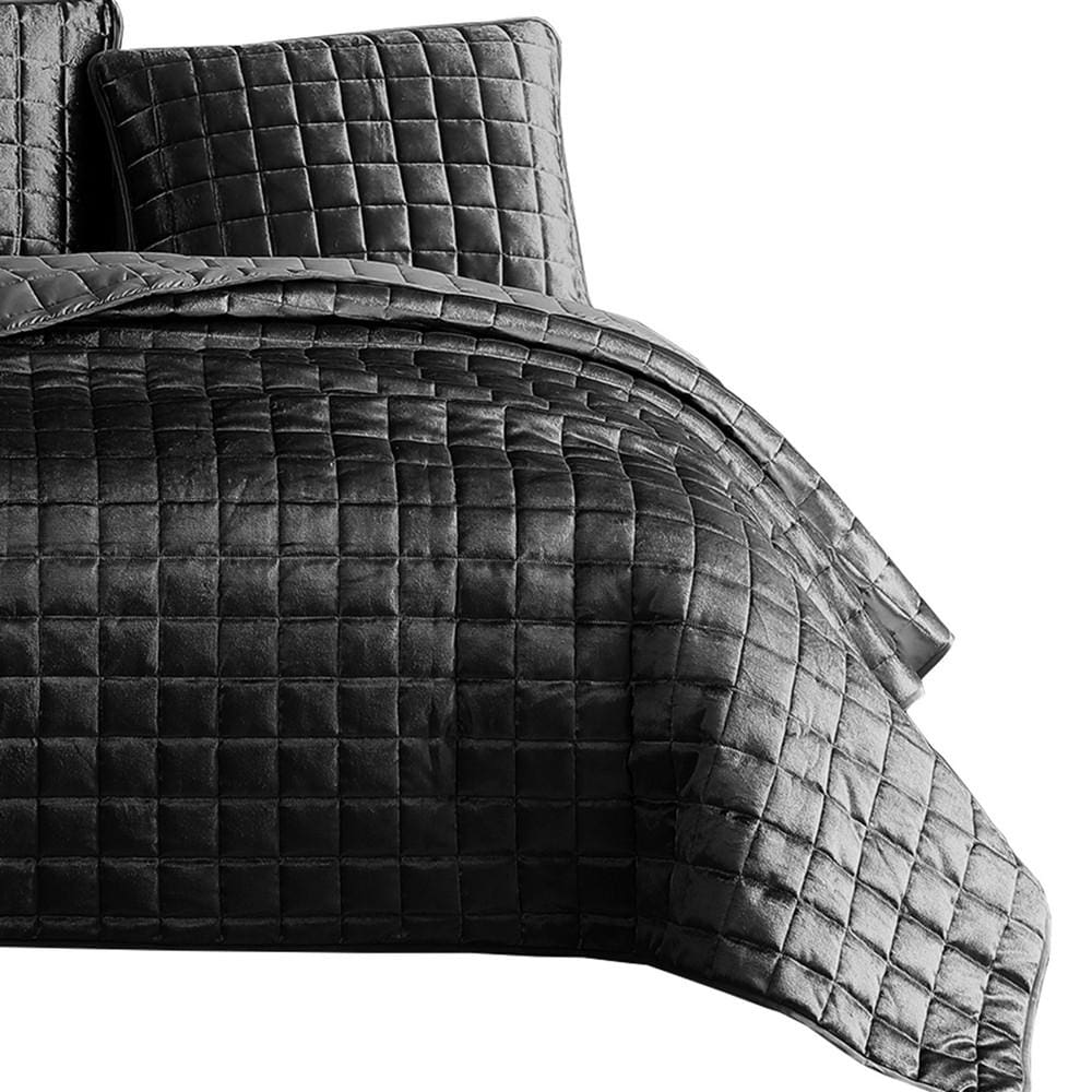 3 Piece King Size Coverlet Set with Stitched Square Pattern Dark Gray By Casagear Home BM225237