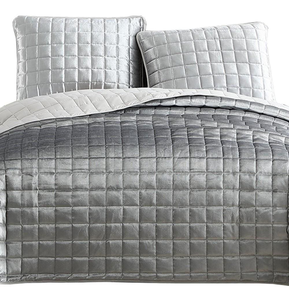 3 Piece King Size Coverlet Set with Stitched Square Pattern Silver By Casagear Home BM225241