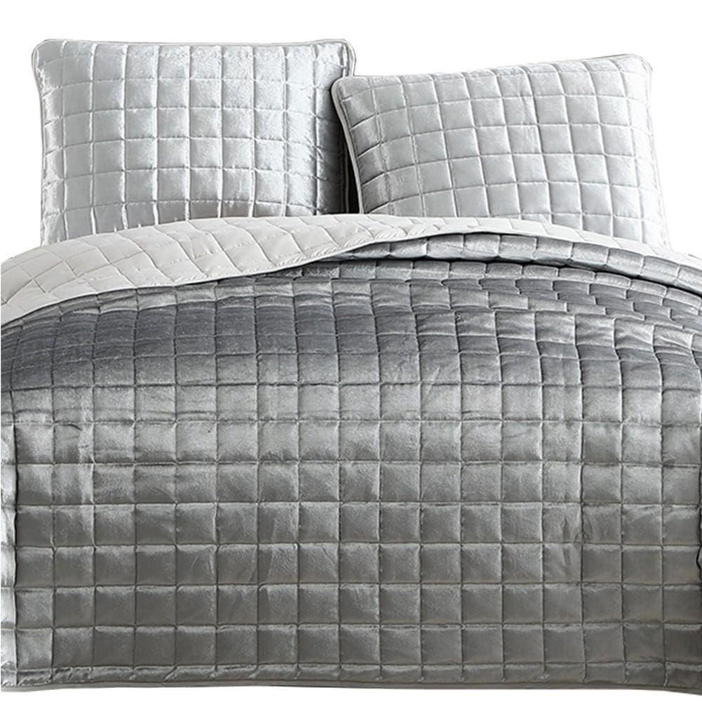 3 Piece Queen Size Coverlet Set with Stitched Square Pattern Silver By Casagear Home BM225242