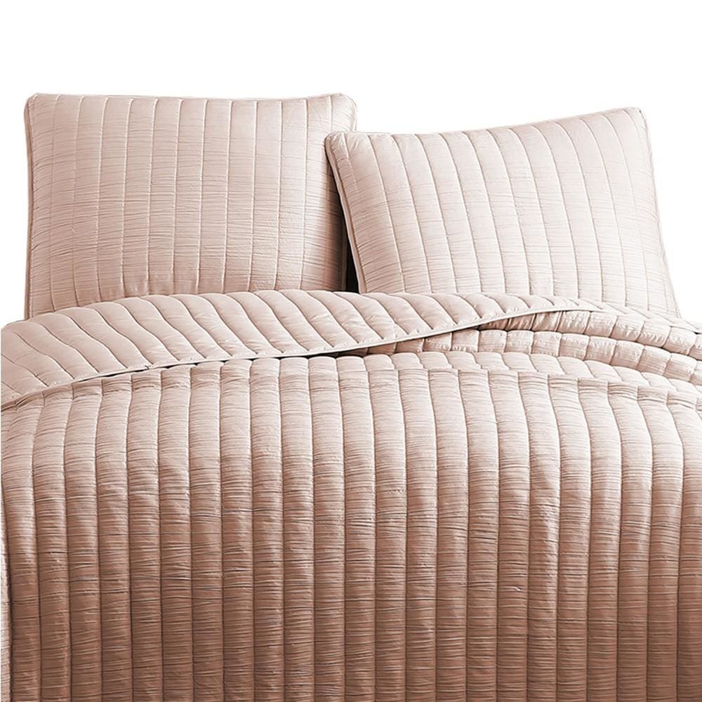 3 Piece Crinkles Queen Size Coverlet Set with Vertical Stitching Pink By Casagear Home BM225244