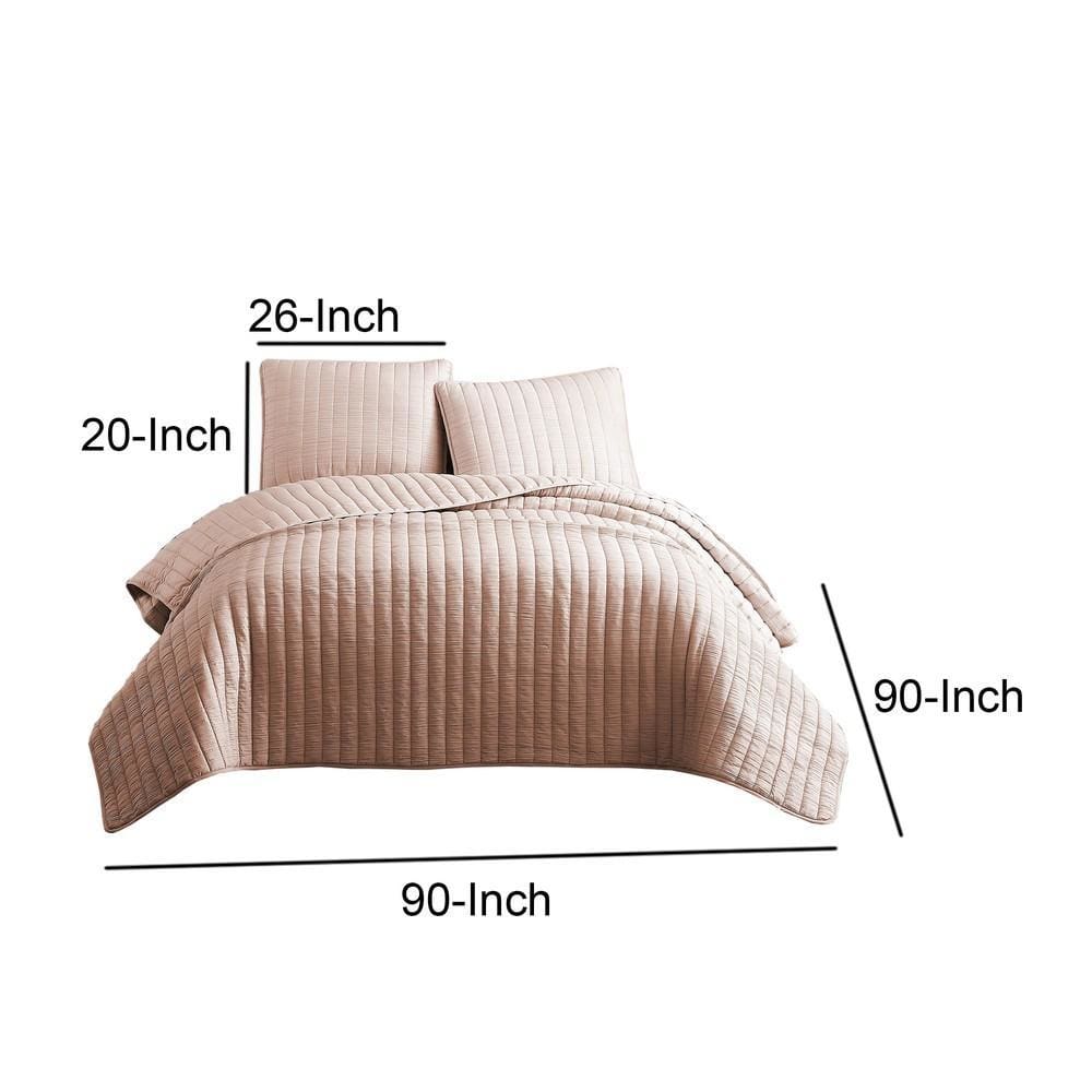 3 Piece Crinkles Queen Size Coverlet Set with Vertical Stitching Pink By Casagear Home BM225244