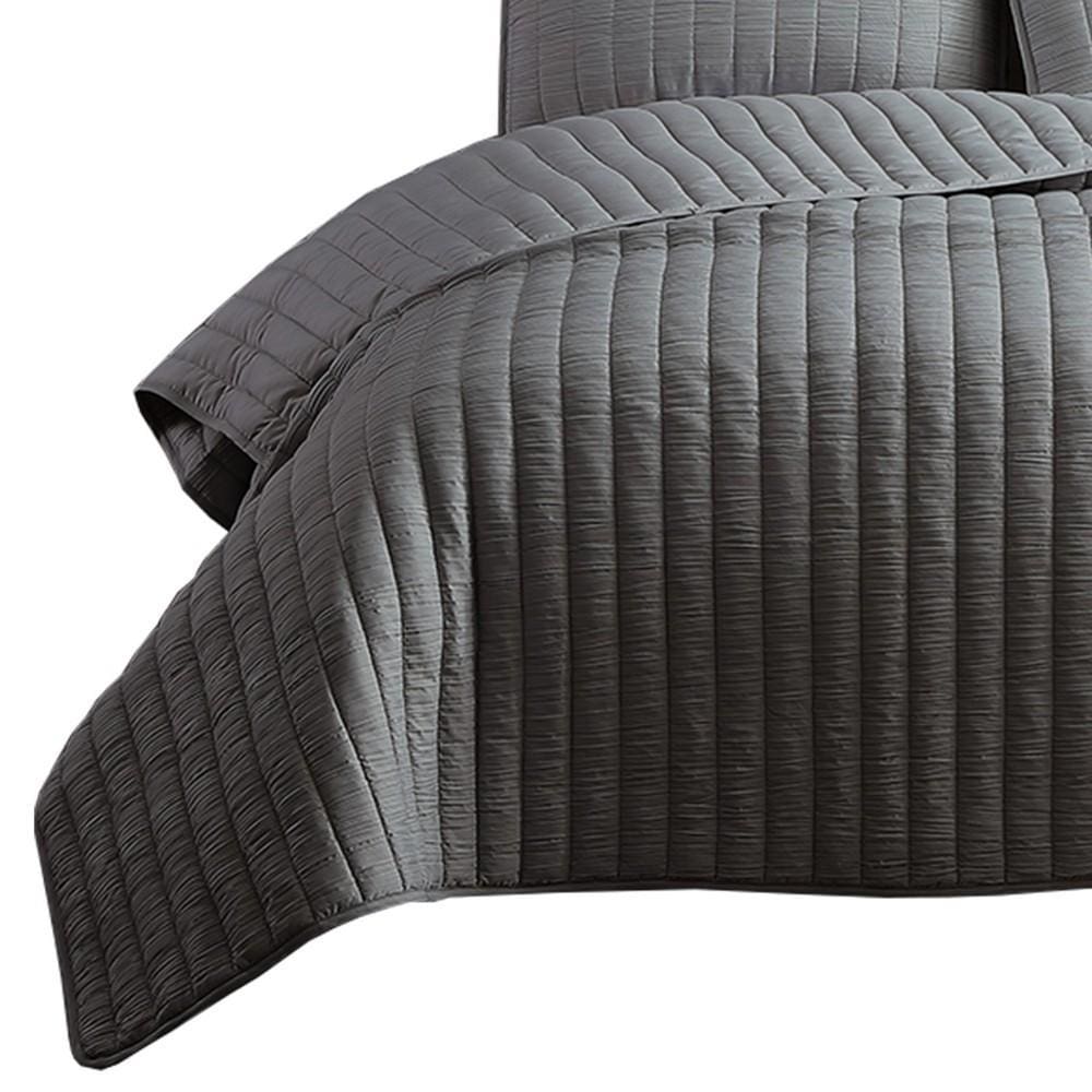 3 Piece Crinkles Queen Size Coverlet Set with Vertical Stitching Gray By Casagear Home BM225246