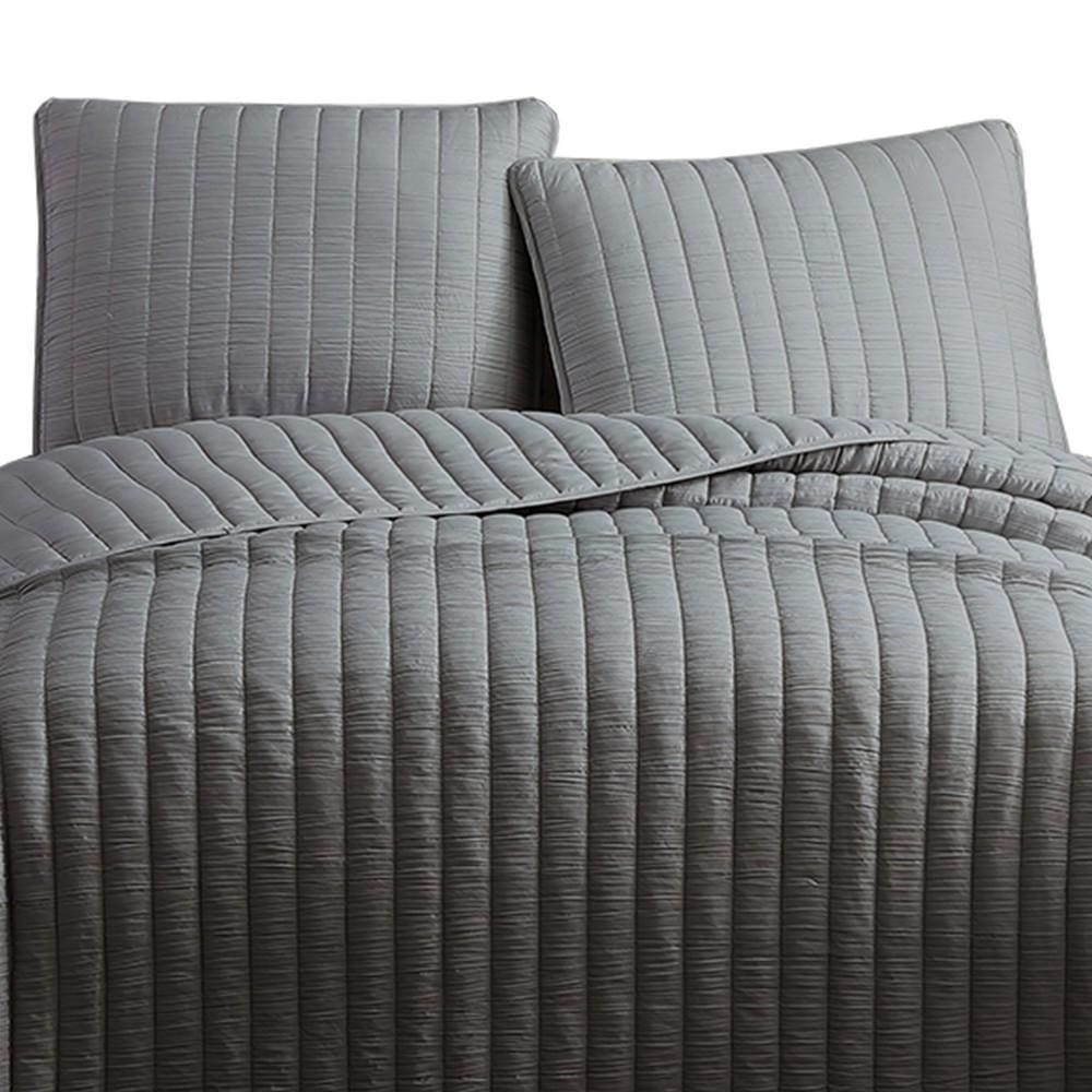 3 Piece Crinkles Queen Size Coverlet Set with Vertical Stitching Gray By Casagear Home BM225246