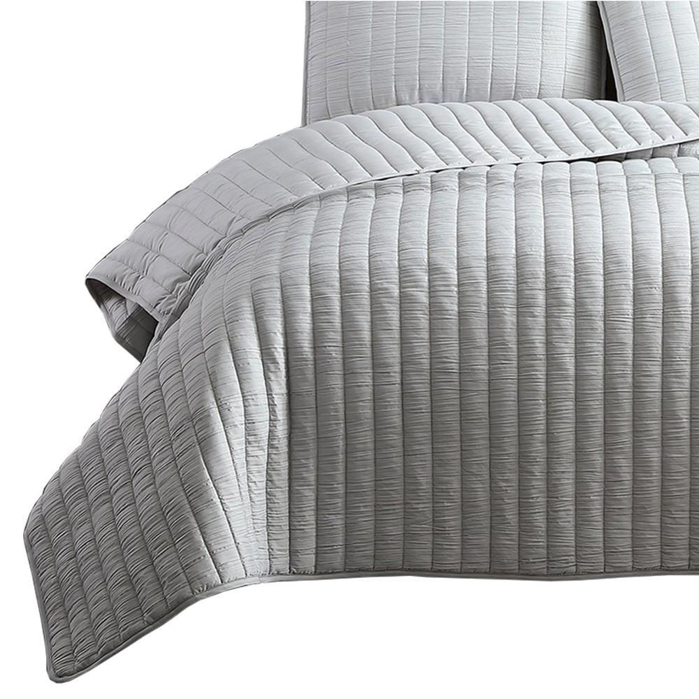 3 Piece Crinkle Queen Size Coverlet Set with Vertical Stitching,Light Gray By Casagear Home BM225250