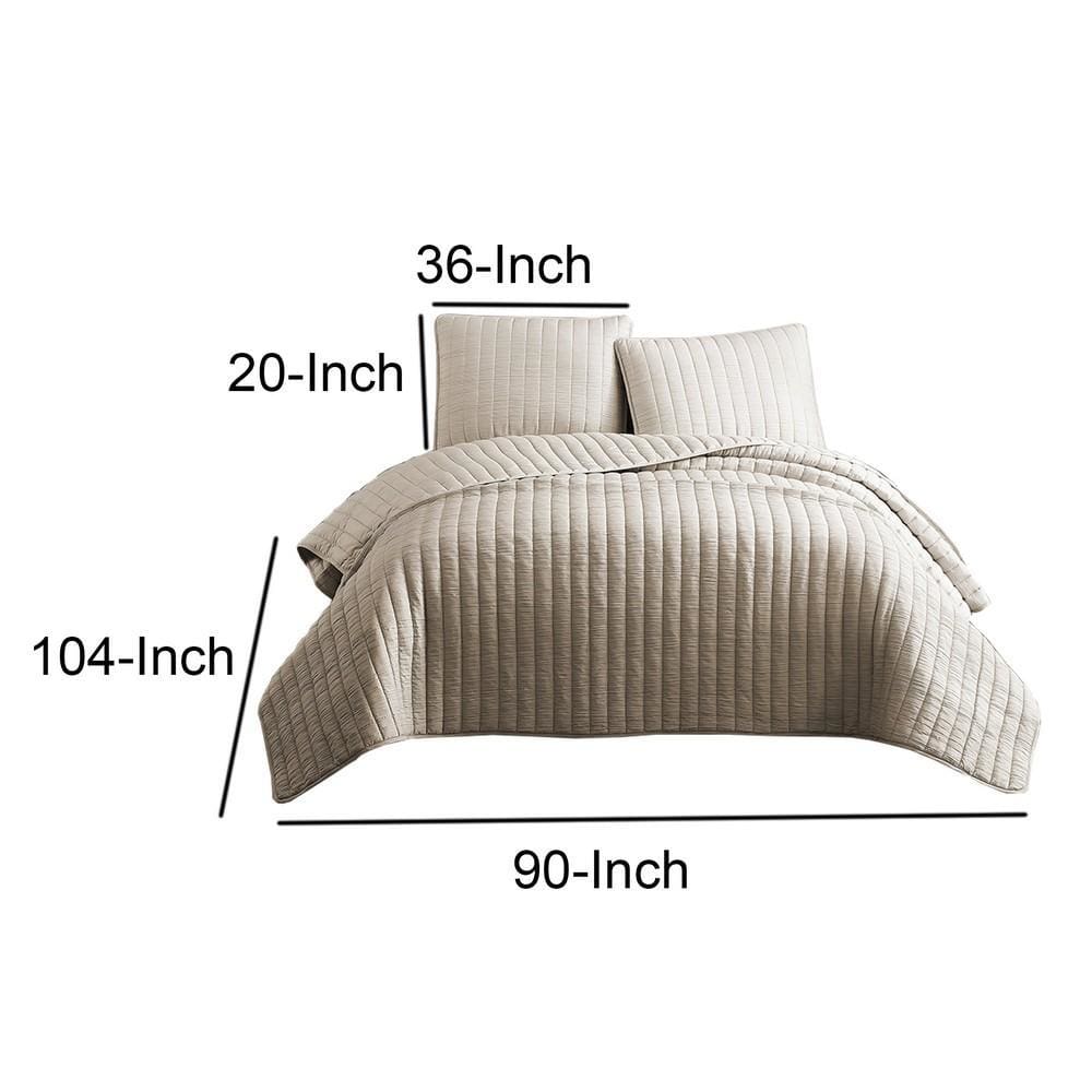 3 Piece Crinkles King Size Coverlet Set with Vertical Stitching Brown By Casagear Home BM225251