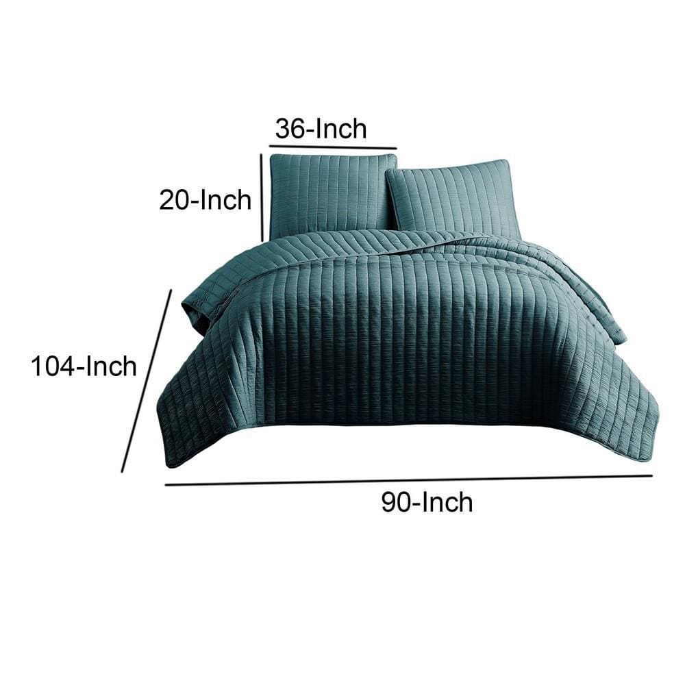 3 Piece Crinkle King Coverlet Set with Vertical Stitching Turquoise Blue By Casagear Home BM225253