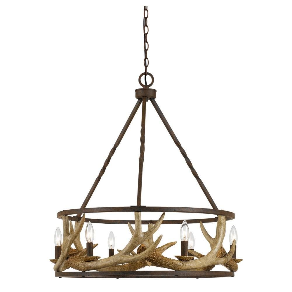 6 Bulb Metal Frame Chandelier with Resin Antler Design,Dark Bronze and Gold By Casagear Home