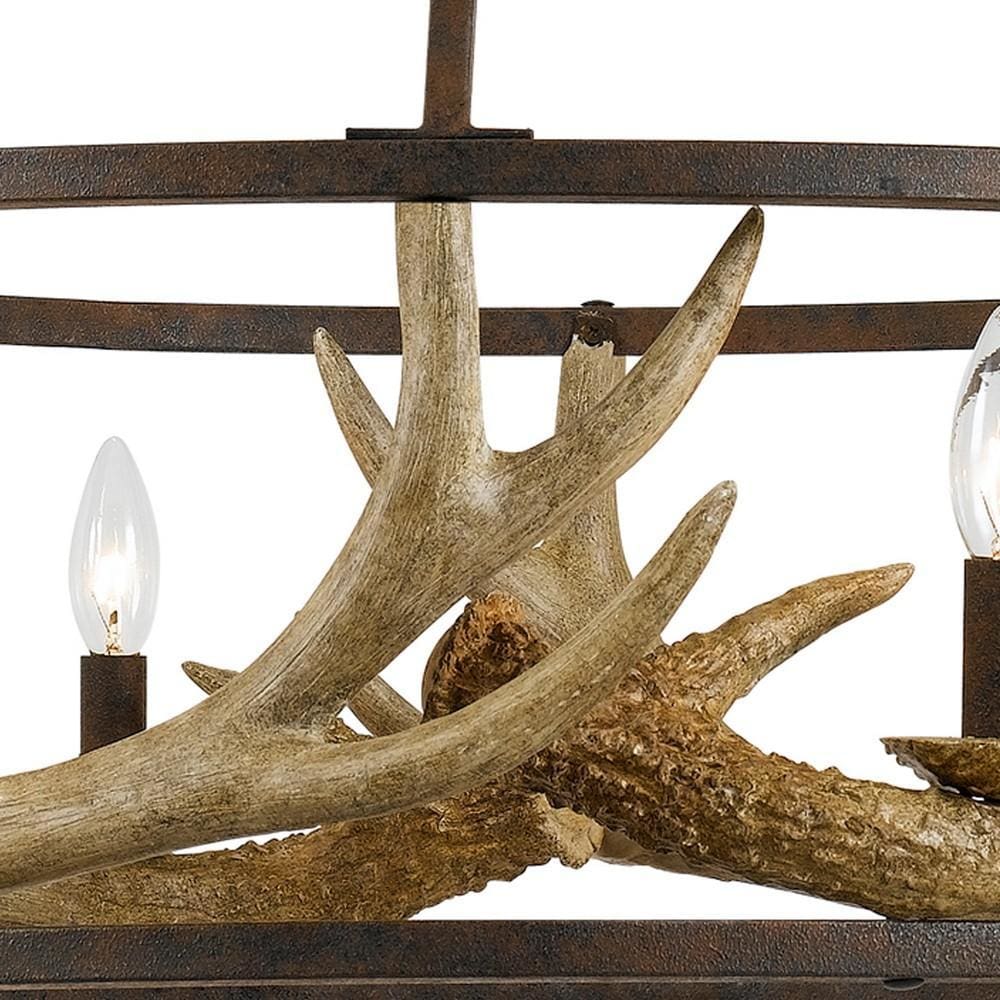 6 Bulb Metal Frame Chandelier with Resin Antler Design,Dark Bronze and Gold By Casagear Home BM225617