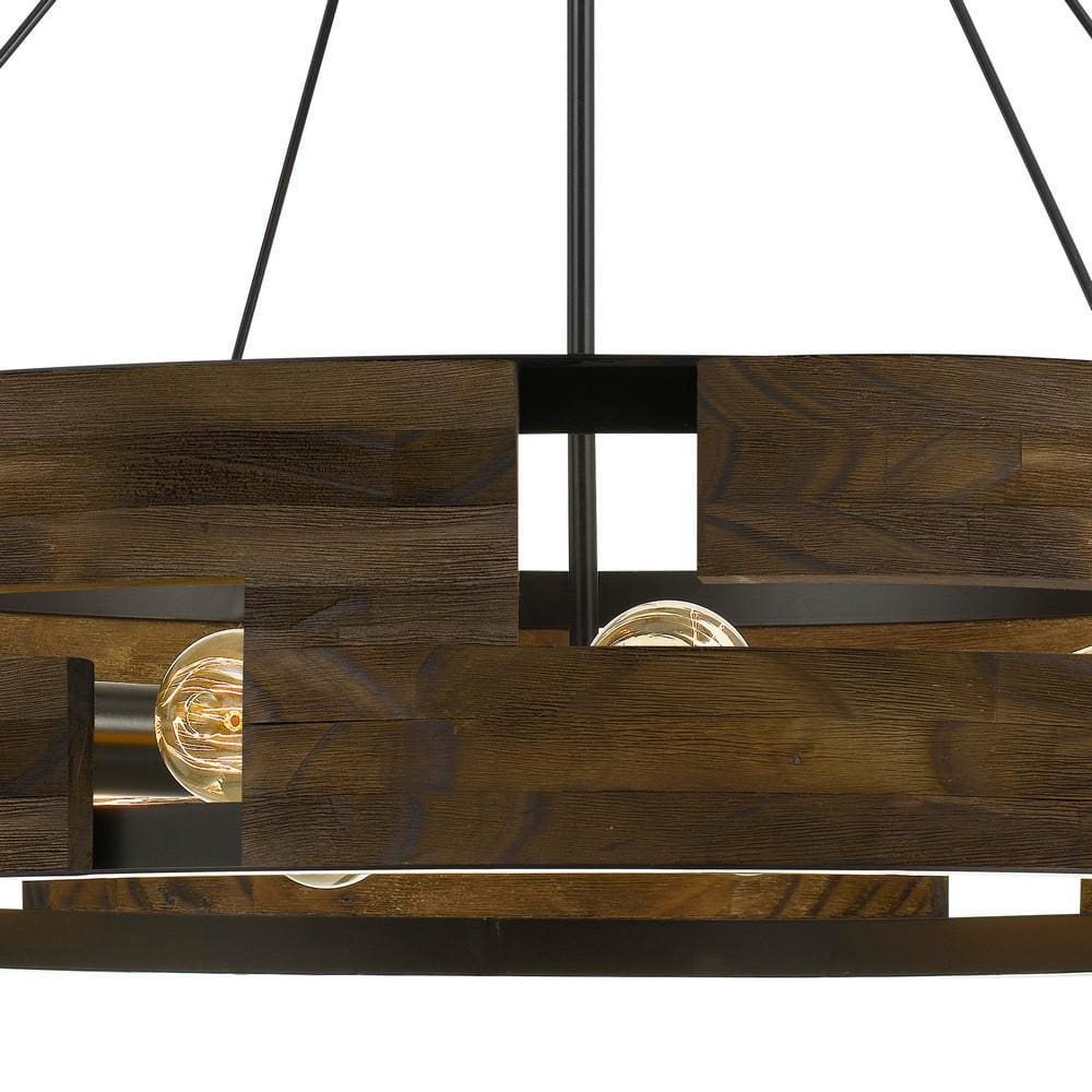 9 Bulb Round Wooden Frame Chandelier with Geometric Cut Out Design Brown By Casagear Home BM225623