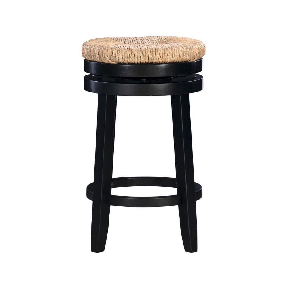 Wooden Counter Stool with Round Rattan Padded Seat Black and Brown By Casagear Home BM225665