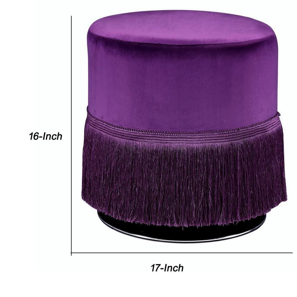 16 Fabric Upholstered Round Ottoman with Fringes Purple By Casagear Home BM225687