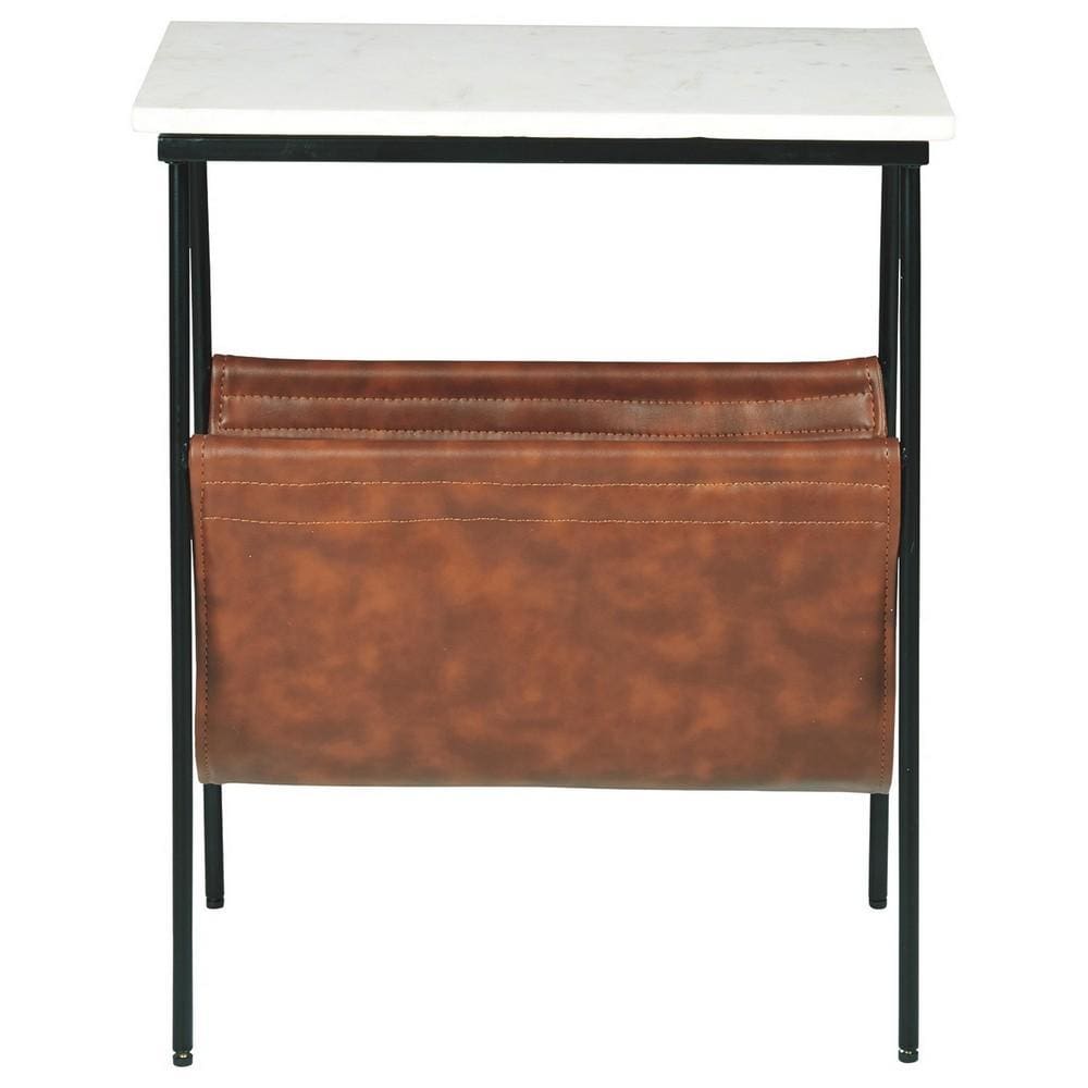 Marble Top Accent Table with Faux Leather Swing Holder White and Brown By Casagear Home BM226171