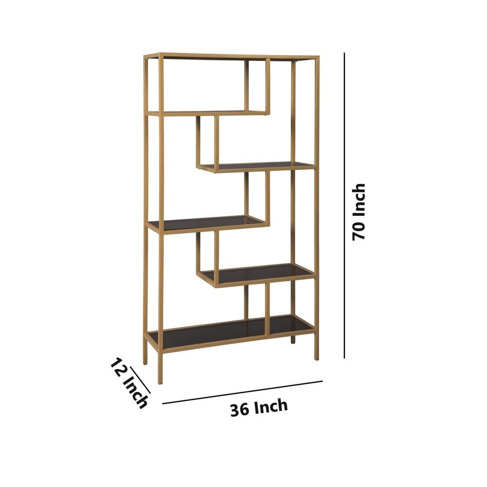 Metal Frame Bookcase with 5 Tiered Display Glass Shelves Gold and Black By Casagear Home BM226174