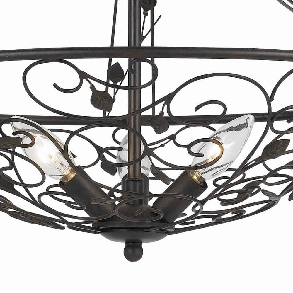 27 3 Bulb Round Scrolled Metal Frame Chandelier,Dark Bronze By Casagear Home BM226305