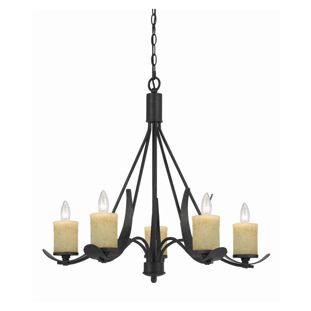 26" 5 Bulb Candelabra Metal Frame Chandelier, Black & Beige By Casagear Home