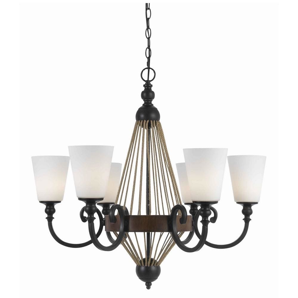 31 Inch 6 Bulb Chandelier, Wood Scrolled Metal Frame, Brown and Black By Casagear Home