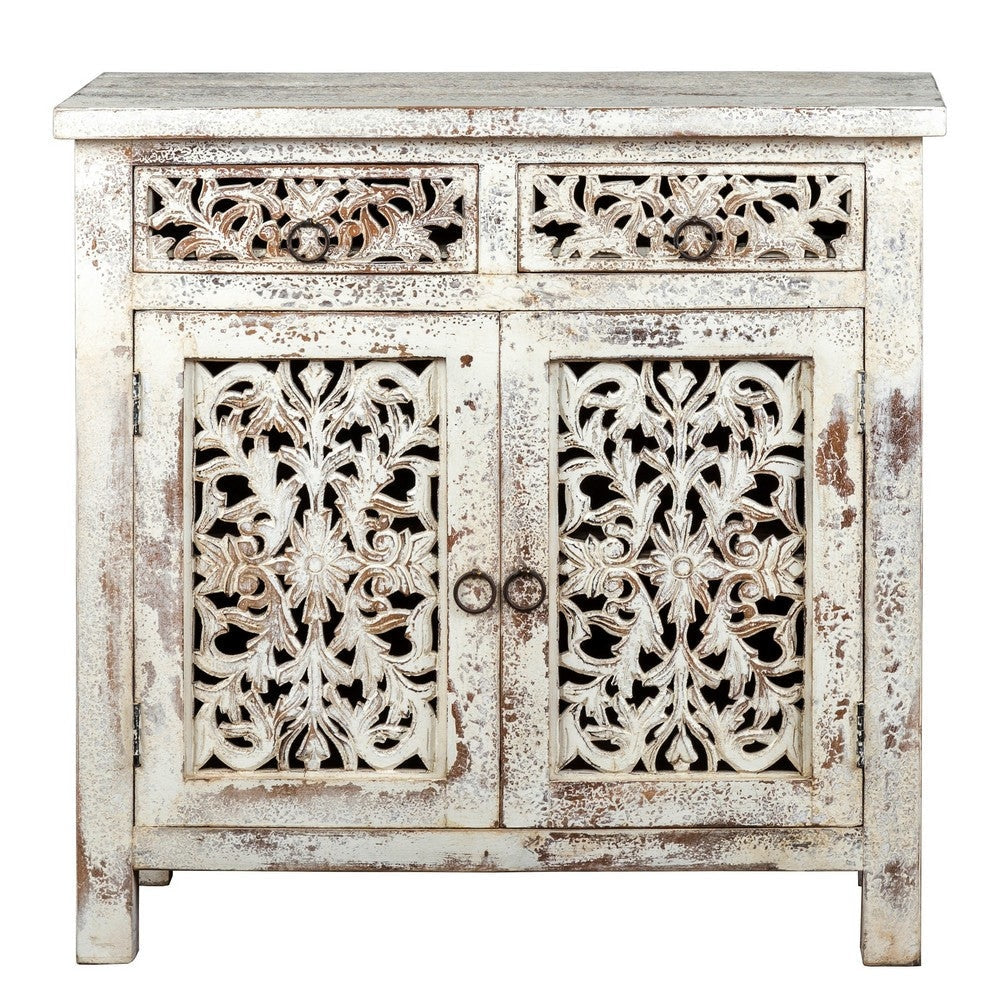 2 Door and 2 Drawer Hand Carved Wooden Frame Buffet Antique White By Casagear Home BM226359