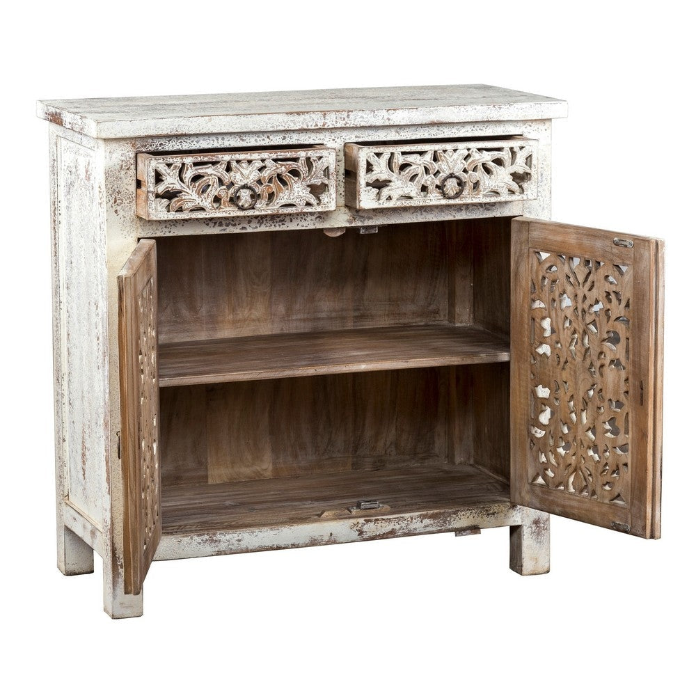 2 Door and 2 Drawer Hand Carved Wooden Frame Buffet Antique White By Casagear Home BM226359