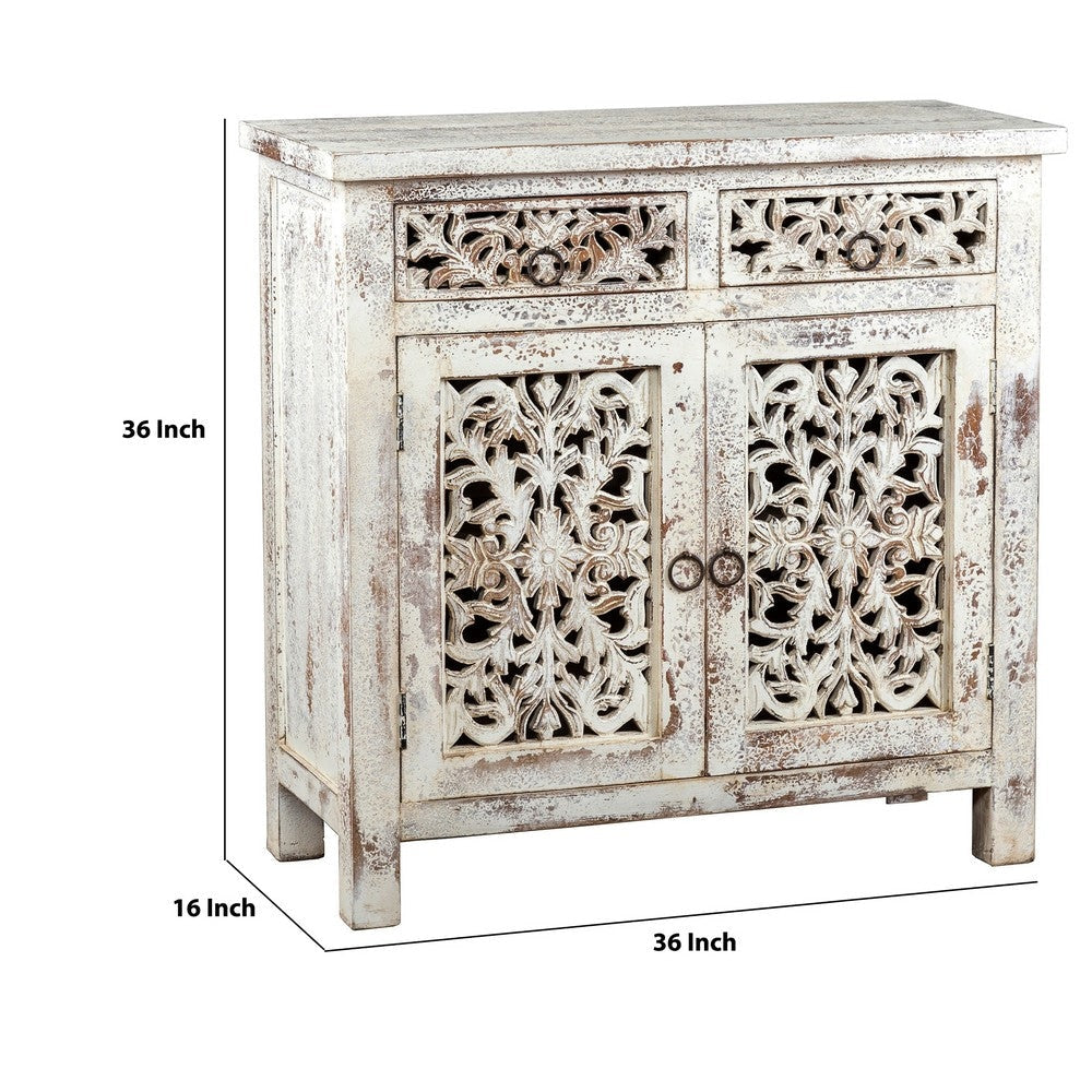 2 Door and 2 Drawer Hand Carved Wooden Frame Buffet Antique White By Casagear Home BM226359