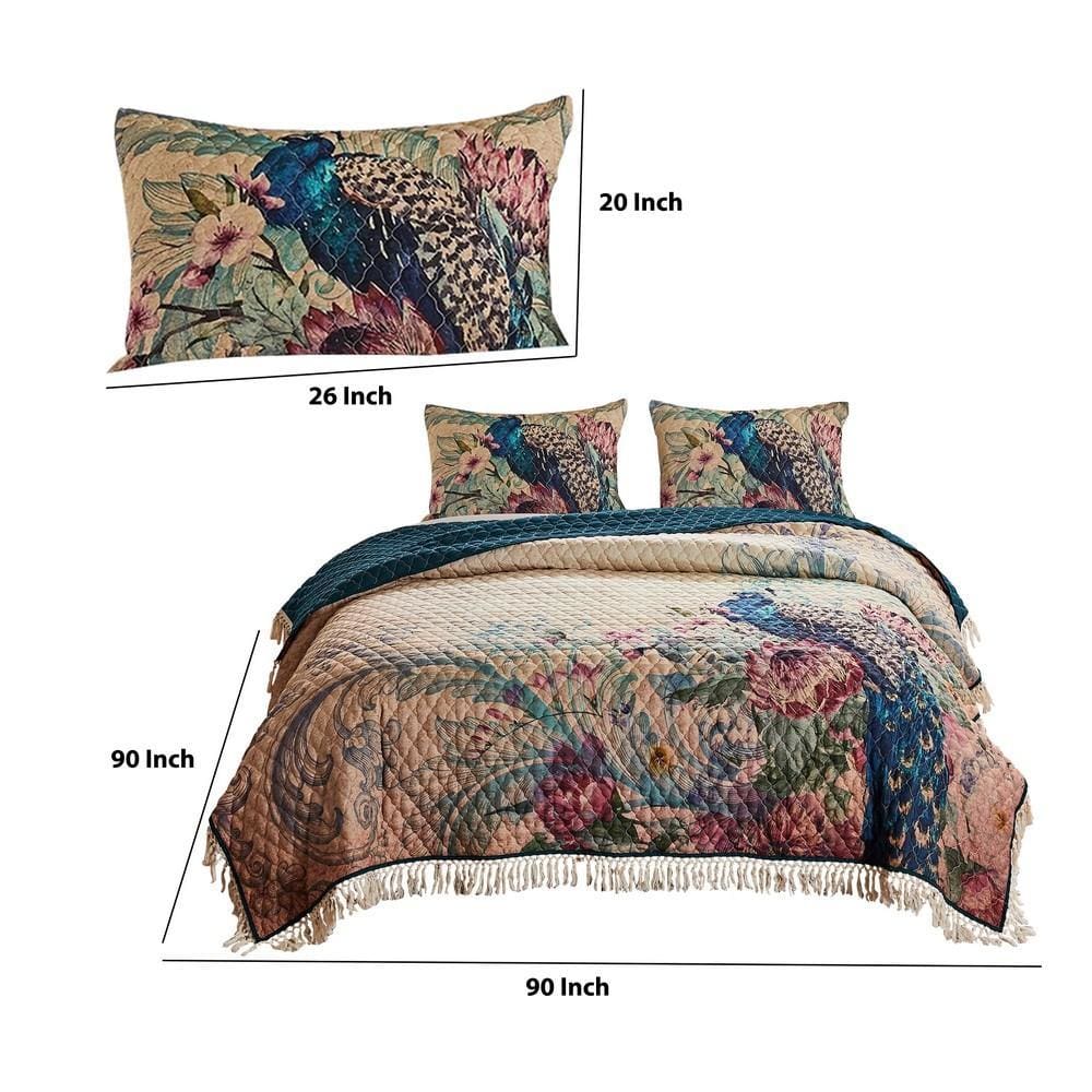 3 Piece Queen Size Quilt Set with Floral Print and Crochet Trim Multicolor By Casagear Home BM226418