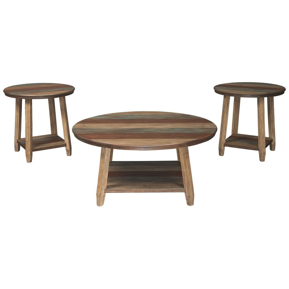 Rustic Plank Style Round Shape Cocktail and 2 End Tables, Set of 3, Brown By Casagear Home