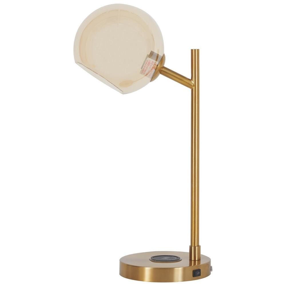 23" Round Glass Shade Desk Lamp with Wireless Charger, Gold By Casagear Home