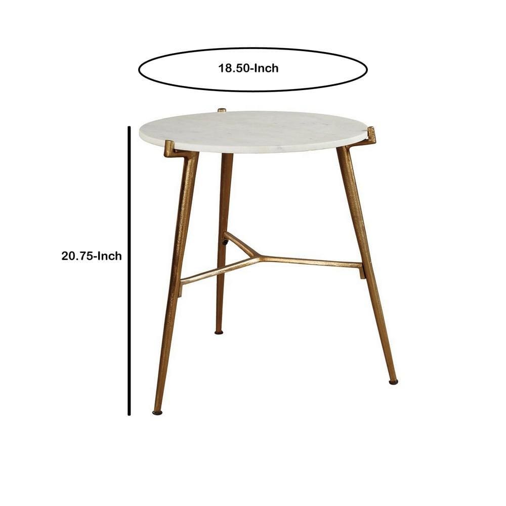 Round Marble Top Accent Table with Angled Metal Legs Gold and White By Casagear Home BM227082