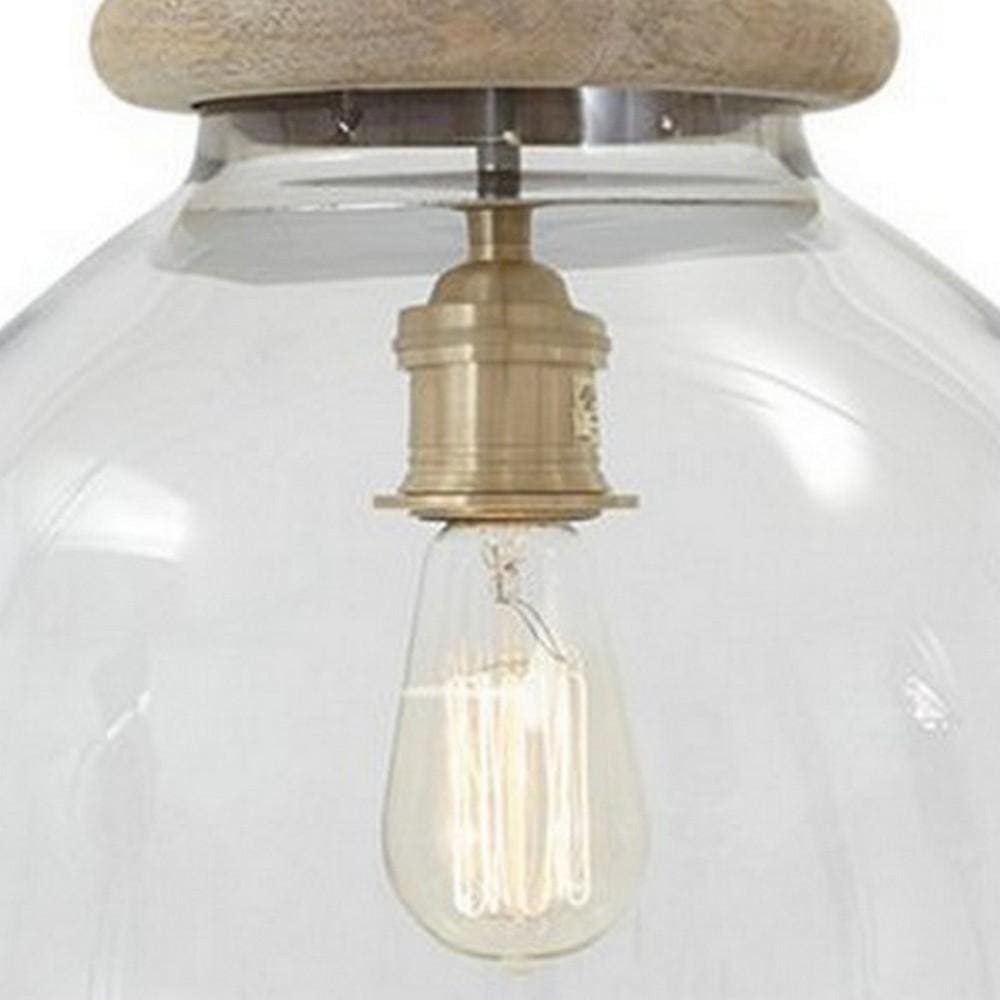 Glass Dome Pendant Light with Wood Finial Crown Top Brown and Clear By Casagear Home BM227175