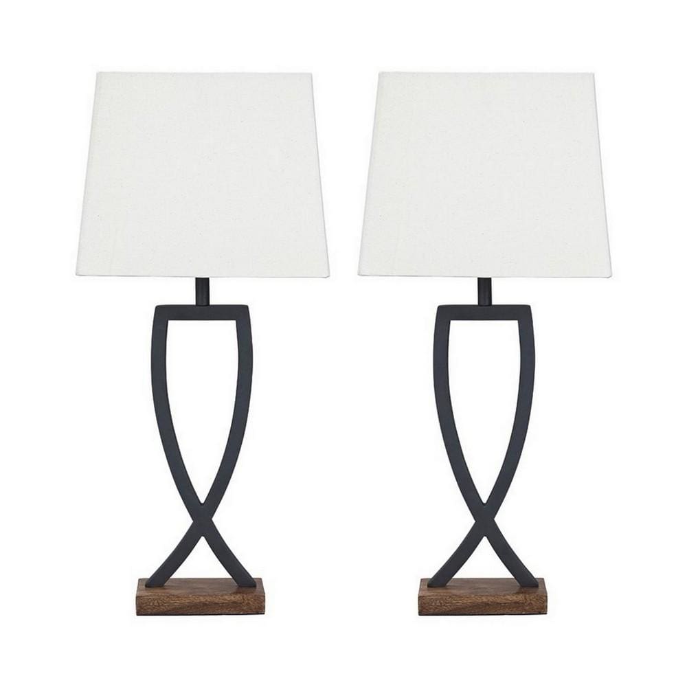 Criss Cross Metal Table Lamp with Fabric Shade, Set of 2, Gray and White By Casagear Home