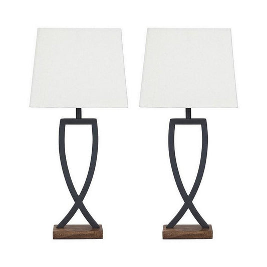 Criss Cross Metal Table Lamp with Fabric Shade, Set of 2, Gray and White By Casagear Home