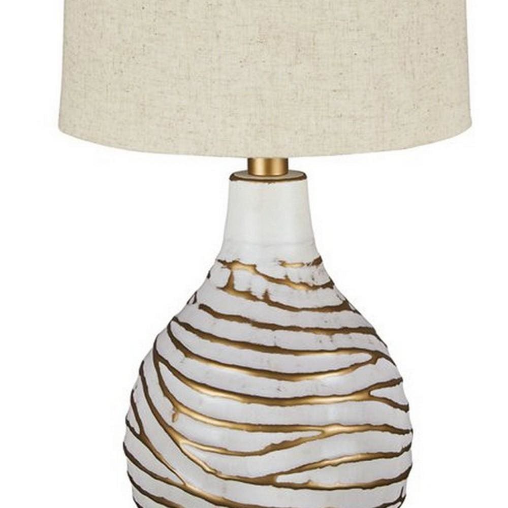 Pot Bellied Metal Table Lamp with Textured Golden Embellishment White By Casagear Home BM227194