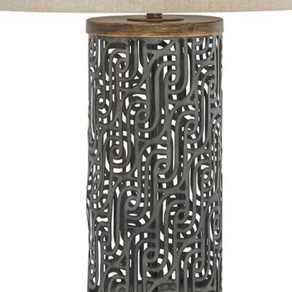 150 Watt Metal Body Table Lamp with Network Design Gray and Beige By Casagear Home BM227198