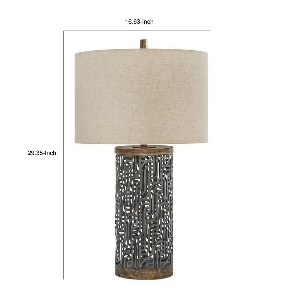 150 Watt Metal Body Table Lamp with Network Design Gray and Beige By Casagear Home BM227198