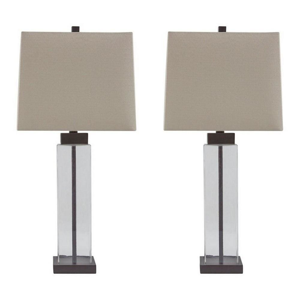 Glass and Metal Base Table Lamp with Square Shade, Set of 2, Clear and Gray By Casagear Home