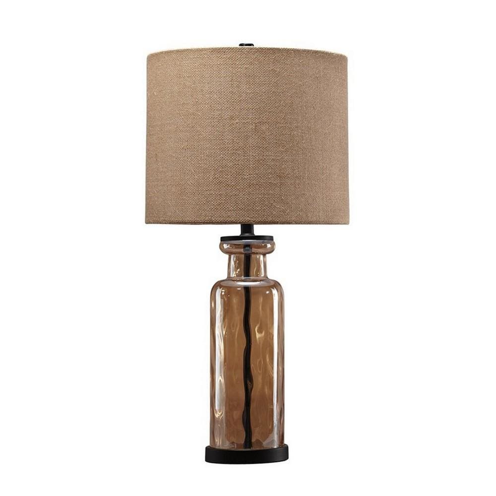 Glass Table Lamp with Fabric Drum Shade, Gold and Beige By Casagear Home