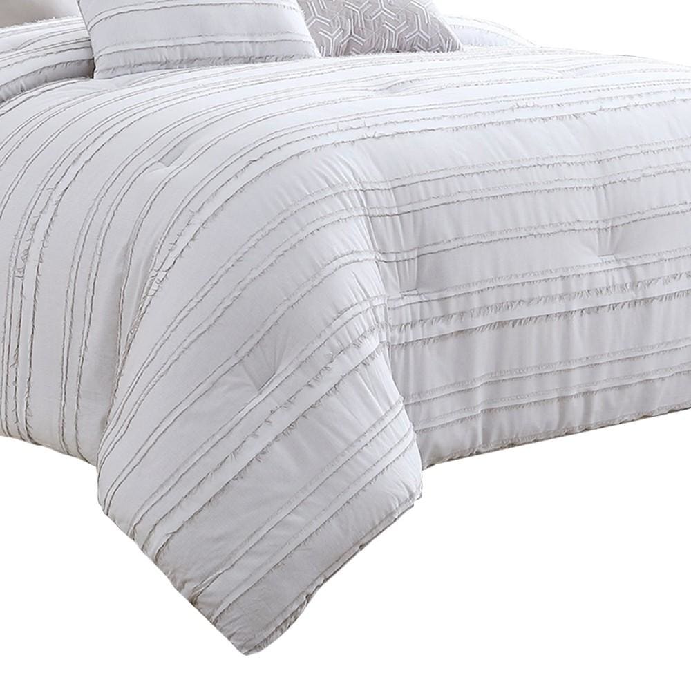 6 Piece King Cotton Comforter Set with Frayed Edges White and Gray By Casagear Home BM227300