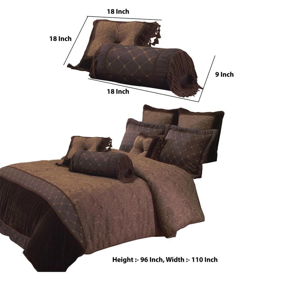 10 Piece King Polyester Comforter Set with Paisley Pattern Design Brown By Casagear Home BM227304