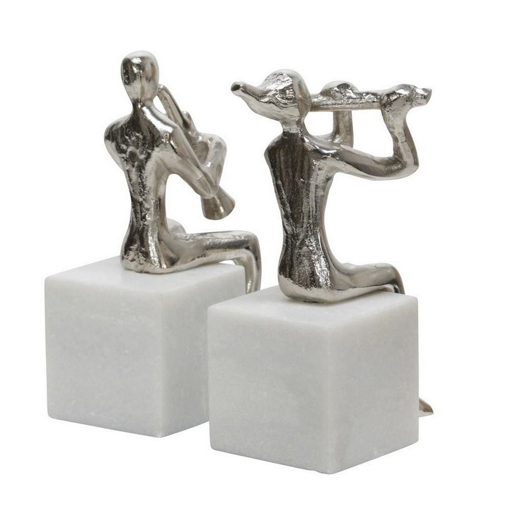 Metal Sitting Musicians Accent Decor with Marble Base Set of 2 Silver By Casagear Home BM227311