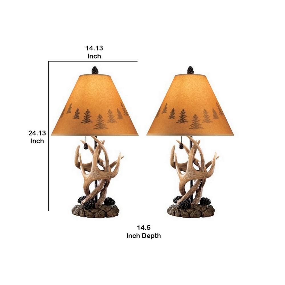 Resin Body Table Lamp with Antler and Pinecone Design Set of 2 Brown By Casagear Home BM227560