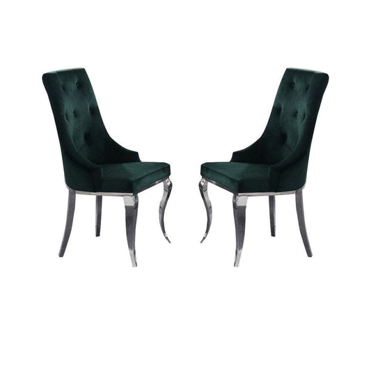 Button Tufted Back Arm Chair with Cabriole Legs, Set of 2, Green and Chrome By Casagear Home