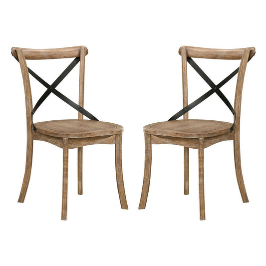 Wood and Metal Side Chair with X Open Back, Set of 2, Rustic Brown and Black By Casagear Home