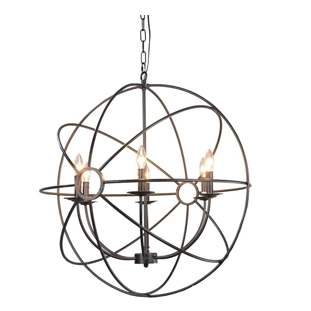 6 Light Fixture Orb Shape Metal Frame Chandelier, Black By Casagear Home