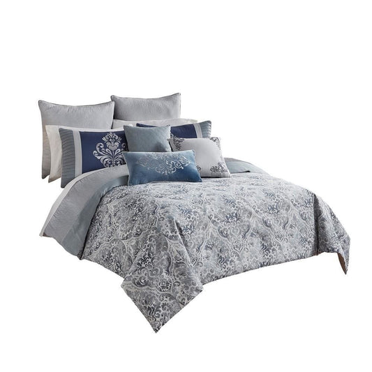 10 Piece King Polyester Comforter Set with Damask Prints, Blue and Gray By Casagear Home