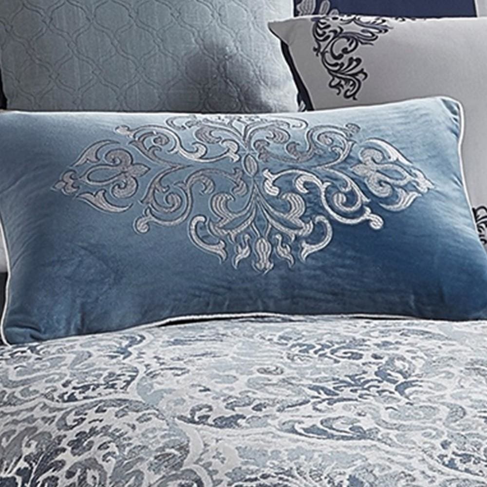 10 Piece King Polyester Comforter Set with Damask Prints Blue and Gray By Casagear Home BM227743